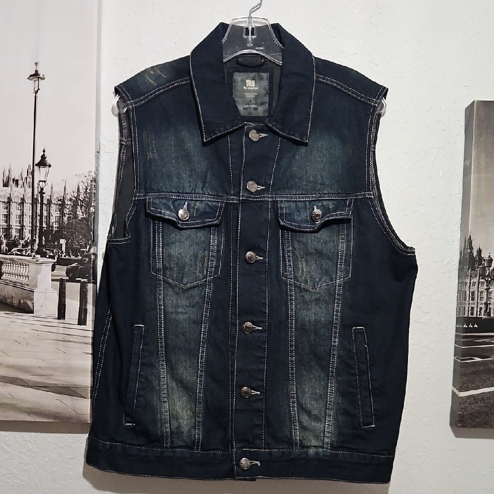 Blue Denim Vest with Classic Collar and Distressed Look